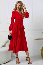 Load image into Gallery viewer, V-Neck Long Sleeve Tie Waist Midi Dress