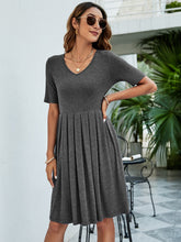 Load image into Gallery viewer, Pleated V-Neck Short Sleeve Tee Dress