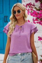 Load image into Gallery viewer, Swiss Dot Tie-Neck Flutter Sleeve Blouse