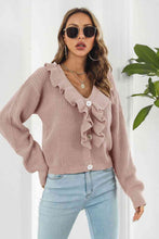 Load image into Gallery viewer, Ruffle Trim Button-Down Dropped Shoulder Sweater
