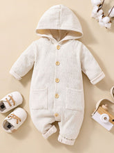 Load image into Gallery viewer, Baby Textured Button Front Hooded Jumpsuit with Pockets