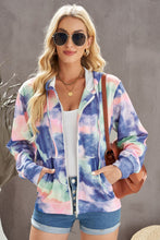 Load image into Gallery viewer, Tie-Dye Drawstring Detail Zip Up Hooded Jacket