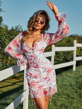 Load image into Gallery viewer, Floral Lace-Up Ruched Flounce Sleeve Dress