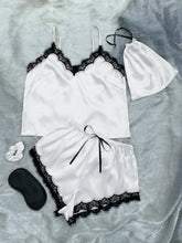 Load image into Gallery viewer, Lace Trim Cami, Shorts, Eye Mask, Scrunchie, and Bag Pajama Set