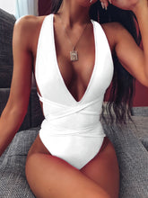 Load image into Gallery viewer, Halter Neck Deep V Tied One-Piece Swimsuit