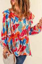 Load image into Gallery viewer, Brush Stroke Ruffled Tie Neck Blouse