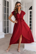 Load image into Gallery viewer, Ruffled Surplice Tie Waist Slit Midi Dress