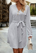 Load image into Gallery viewer, Notched Tie Waist Dropped Shoulder Mini Dress