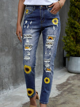 Load image into Gallery viewer, Leopard Patchwork Sunflower Print Distressed High Waist Jeans