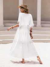 Load image into Gallery viewer, Tassel Trim Smocked V-Neck Short Sleeve Dress