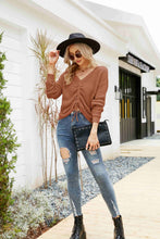 Load image into Gallery viewer, Waffle-Knit Drawstring Detail V-Neck Sweater