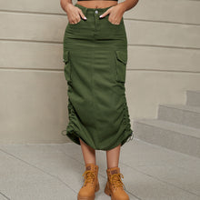Load image into Gallery viewer, Drawstring Ruched Slit Denim Midi Skirt