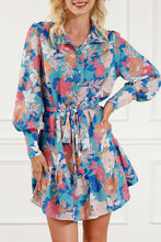 Load image into Gallery viewer, Floral Tie Waist Lantern Sleeve Ruffled Hem Mini Dress