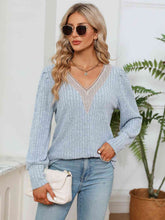 Load image into Gallery viewer, Lace Detail V-Neck Ribbed Blouse