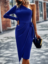 Load image into Gallery viewer, One-Shoulder Pleated Detail Belted Dress