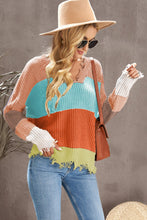 Load image into Gallery viewer, Color Block Distressed V-Neck Ribbed Sweater