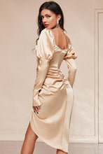 Load image into Gallery viewer, Ruched Lantern Sleeve Slit Satin Dress
