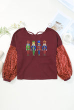 Load image into Gallery viewer, Nutcracker Sequin Crisscross Twisted Back Long Sleeve Blouse