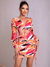 Load image into Gallery viewer, Printed Open Back Cutout Drawstring Mini Dress