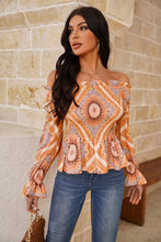 Load image into Gallery viewer, Printed Off-Shoulder Smocked Flounce Sleeve Blouse