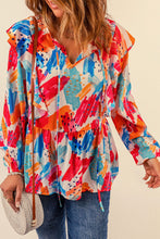 Load image into Gallery viewer, Brush Stroke Ruffled Tie Neck Blouse