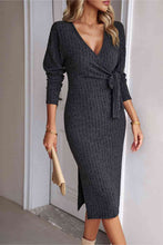 Load image into Gallery viewer, Surplice Neck Tied Ribbed Dress