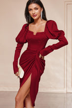 Load image into Gallery viewer, Ruched Lantern Sleeve Slit Satin Dress
