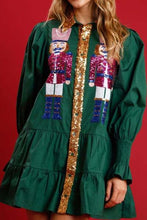 Load image into Gallery viewer, Full Size Nutcracker Sequin Lantern Sleeve Tiered Dress