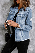 Load image into Gallery viewer, Distressed Raw Hem Denim Jacket