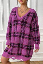 Load image into Gallery viewer, Plaid V-Neck Long Sleeve Sweater Dress