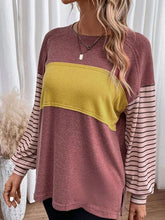 Load image into Gallery viewer, Round Neck Striped Long Sleeve Slit T-Shirt