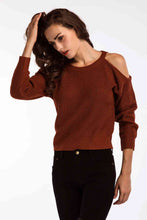 Load image into Gallery viewer, Double Take Round Neck Cold-Shoulder Ribbed Sweater