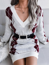 Load image into Gallery viewer, Argyle V-Neck Ribbed Trim Sweater Dress