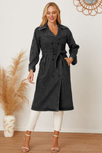 Load image into Gallery viewer, Double-Breasted Belted Longline Denim Jacket
