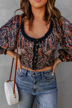 Load image into Gallery viewer, Printed Buttoned Balloon Sleeve Cropped Blouse