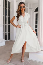 Load image into Gallery viewer, Ruffled Surplice Tie Waist Slit Midi Dress