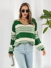 Load image into Gallery viewer, Striped V-Neck Dropped Shoulder Sweater