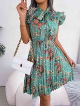 Load image into Gallery viewer, Pleated Floral Printed Tie Neck Knee Length Dress
