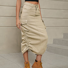 Load image into Gallery viewer, Drawstring Ruched Slit Denim Midi Skirt