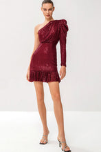 Load image into Gallery viewer, Sequin One-Shoulder Fringe Hem Dress