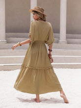 Load image into Gallery viewer, Tassel Trim Smocked V-Neck Short Sleeve Dress