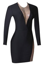 Load image into Gallery viewer, Rhinestone Spliced Mesh Long Sleeve Bodycon Dress