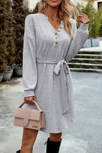 Load image into Gallery viewer, Notched Tie Waist Dropped Shoulder Mini Dress