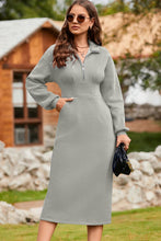Load image into Gallery viewer, Half Zip Collared Neck Slit Midi Dress