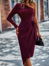 Load image into Gallery viewer, One-Shoulder Pleated Detail Belted Dress