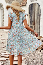 Load image into Gallery viewer, Floral Flutter Sleeve Notched Neck Tiered Dress
