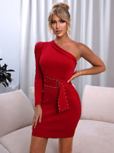 Load image into Gallery viewer, Rhinestone Detail Belted One-Shoulder Bodycon Dress