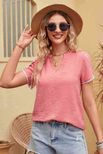 Load image into Gallery viewer, Contrast Trim Pom-Pom Detail Notched Neck Blouse