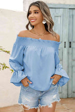Load image into Gallery viewer, Off-Shoulder Flare Sleeve Smocked Neck Blouse