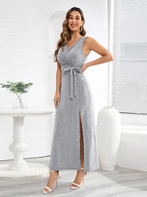 Load image into Gallery viewer, Slit Surplice Tie Waist Sleeveless Dress